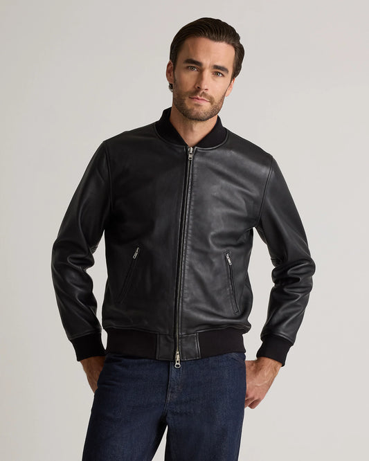 100% Washed Leather Bomber Jacket - S / Black