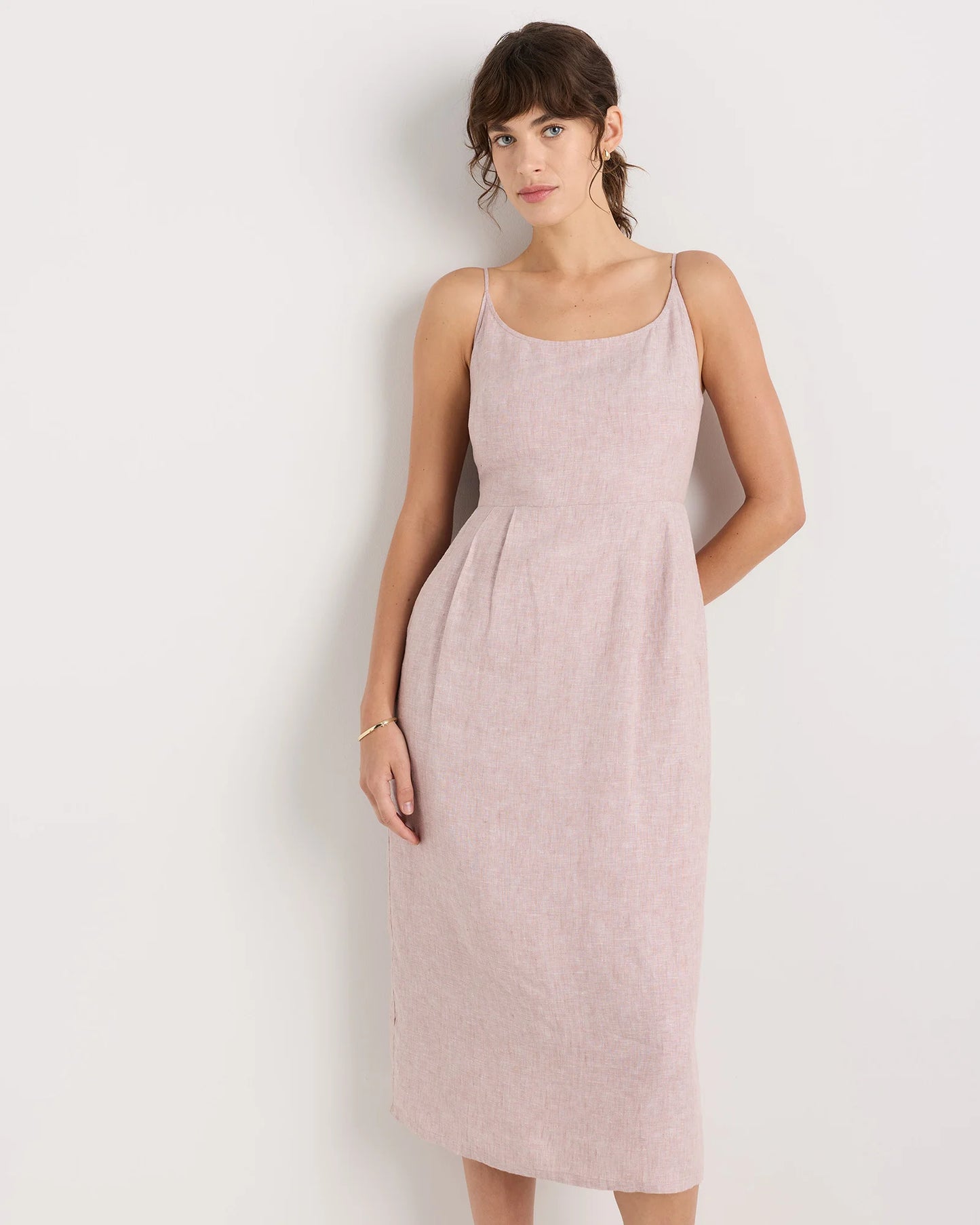 100% European Linen Scoop Neck Midi Dress - XS / Ivory Porcelain Blue Petite Floral