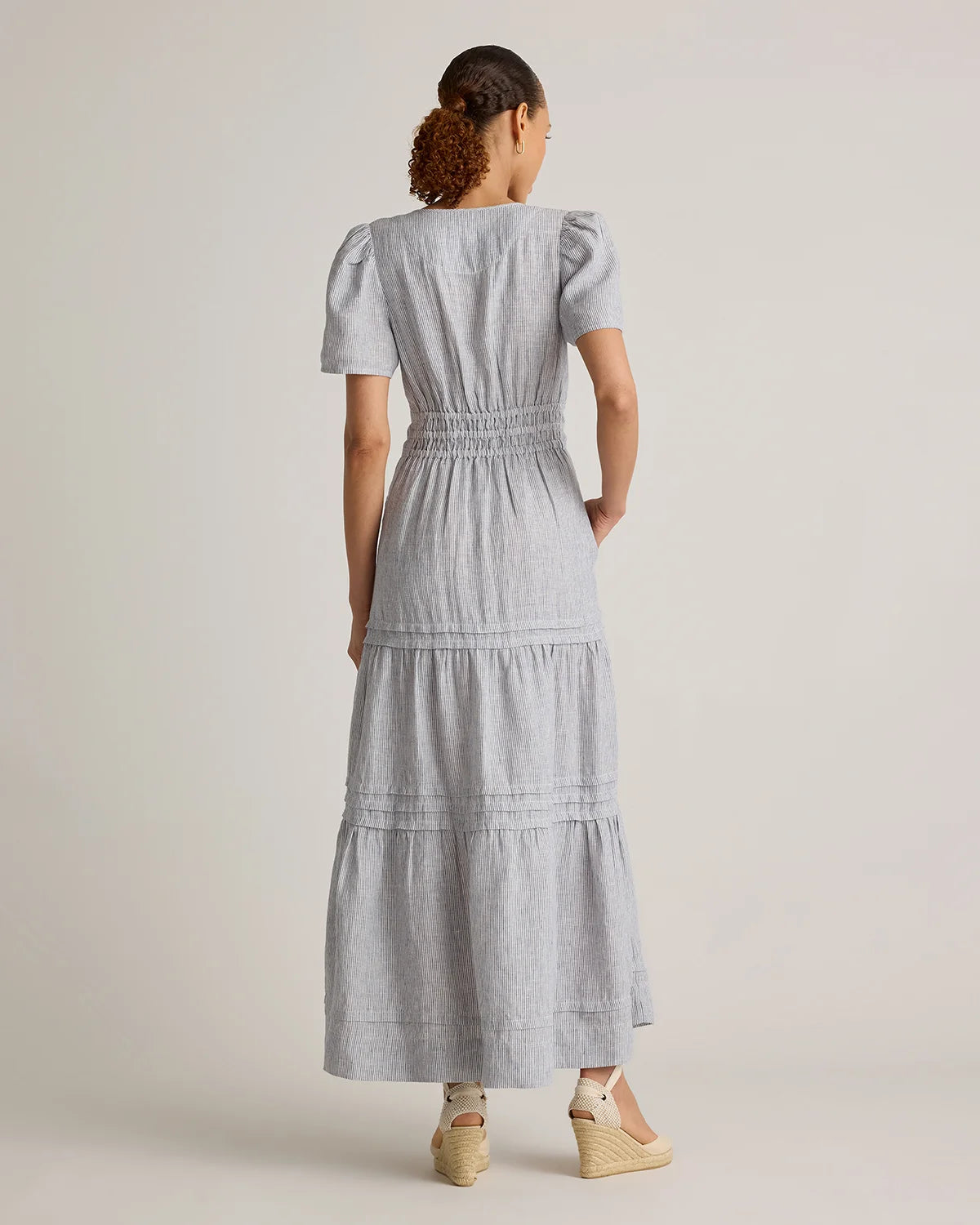 100% European Linen Tiered Maxi Dress - XS / Ivory Porcelain Blue Petite Floral