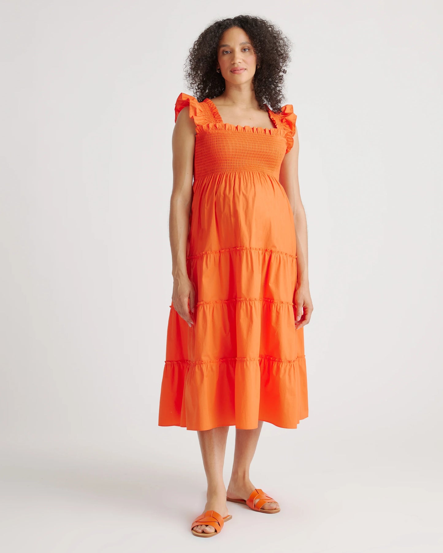 100% Organic Cotton Poplin Maternity Smocked Midi Dress - XS / Classic White