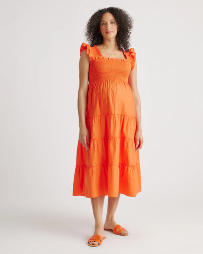 100% Organic Cotton Poplin Maternity Smocked Midi Dress - XS / Classic White