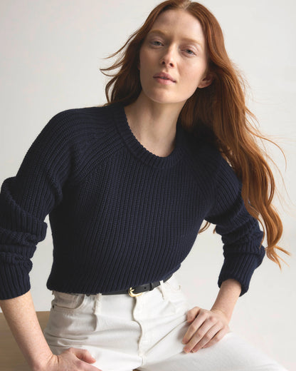 100% Organic Cotton Fisherman Crew Sweater - XS / Sapphire Blue