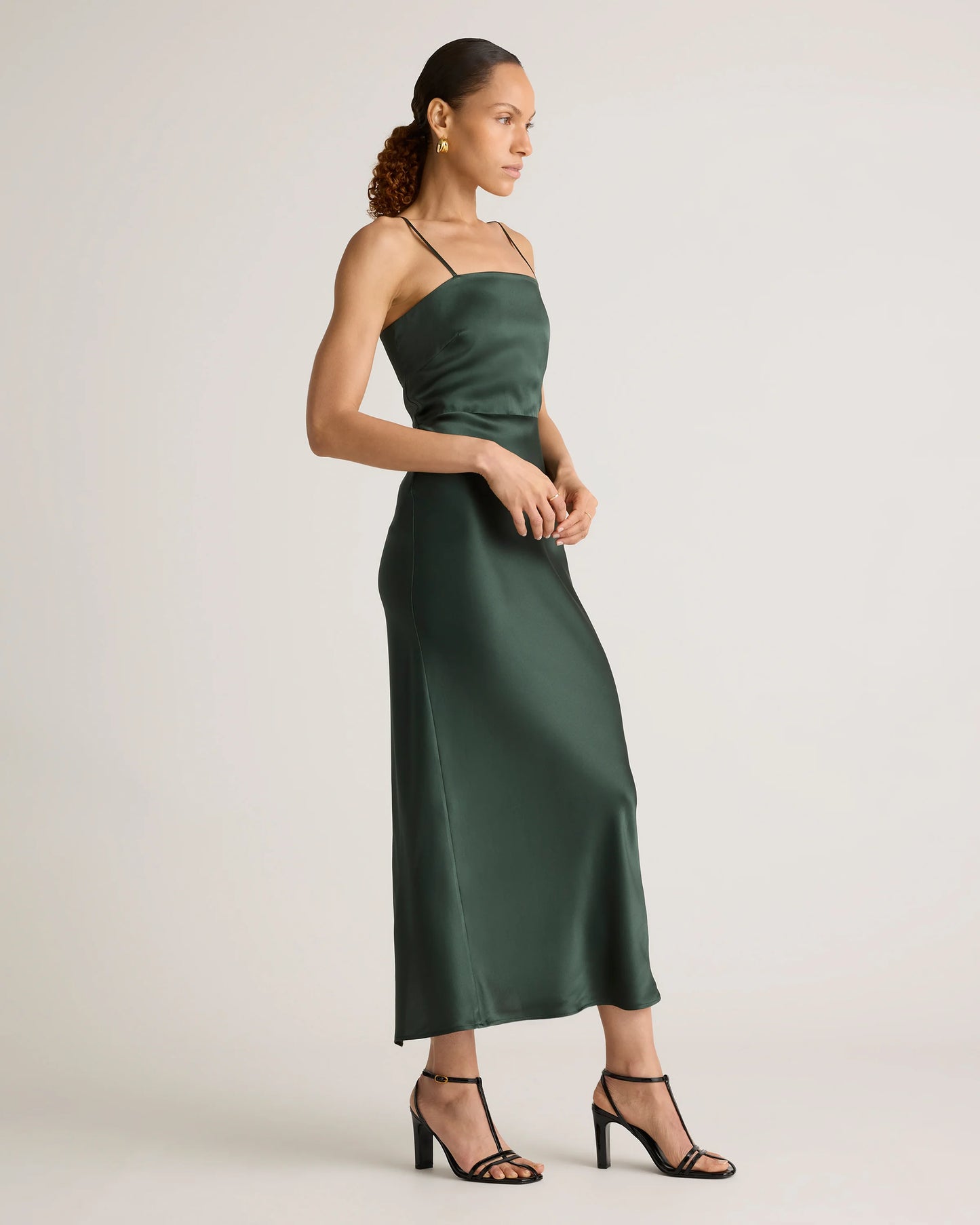 100% Washable Silk Square Neck Maxi Dress - XS / Forest Green