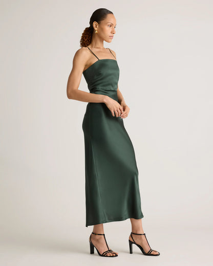 100% Washable Silk Square Neck Maxi Dress - XS / Forest Green