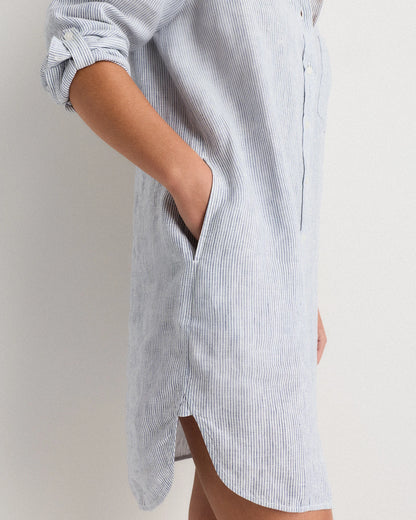 100% European Linen Shirt Dress - XS / Sky Blue Mariner Stripe