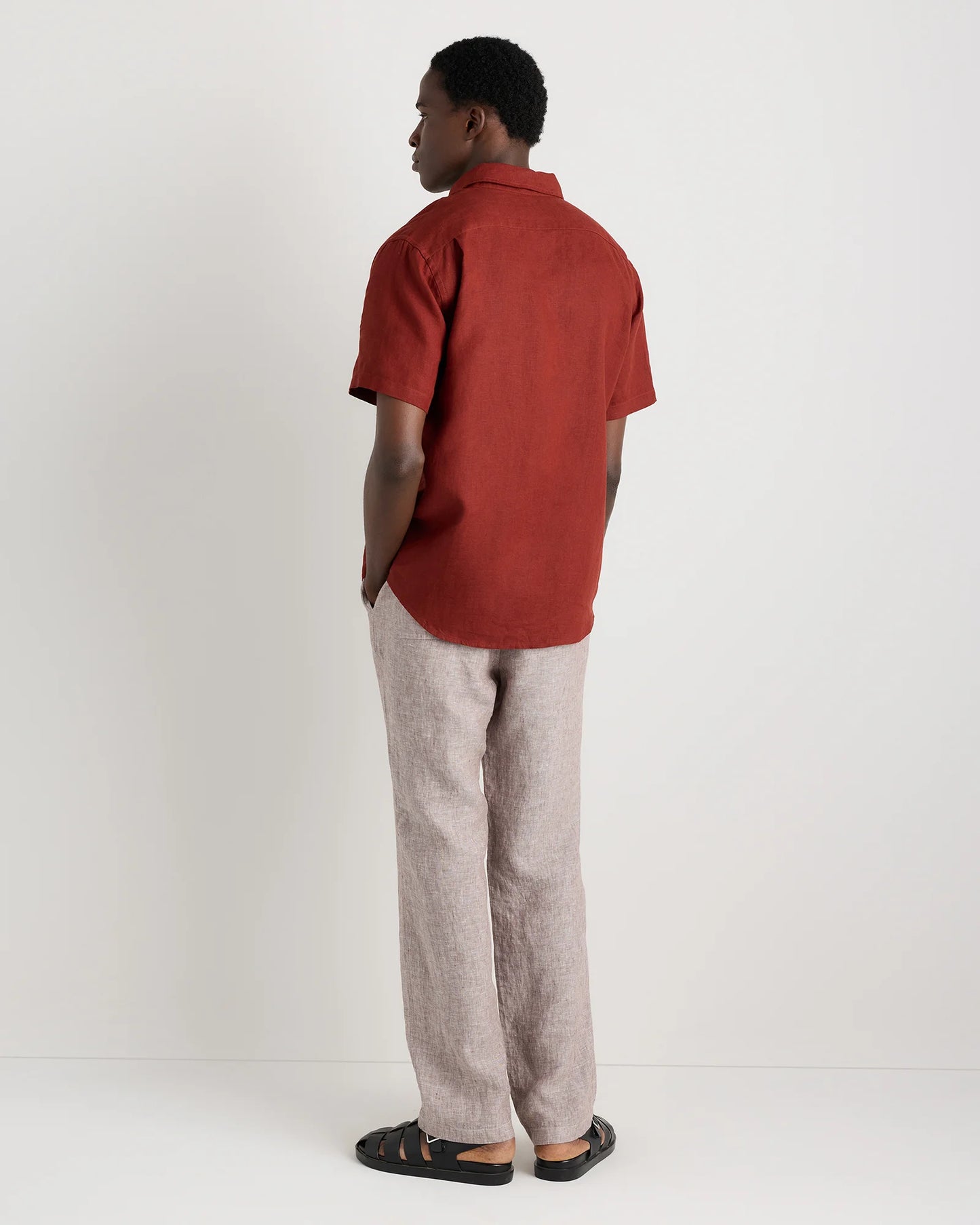 100% European Linen Relaxed Short Sleeve Shirt - XS / Taupe Brown Chambray