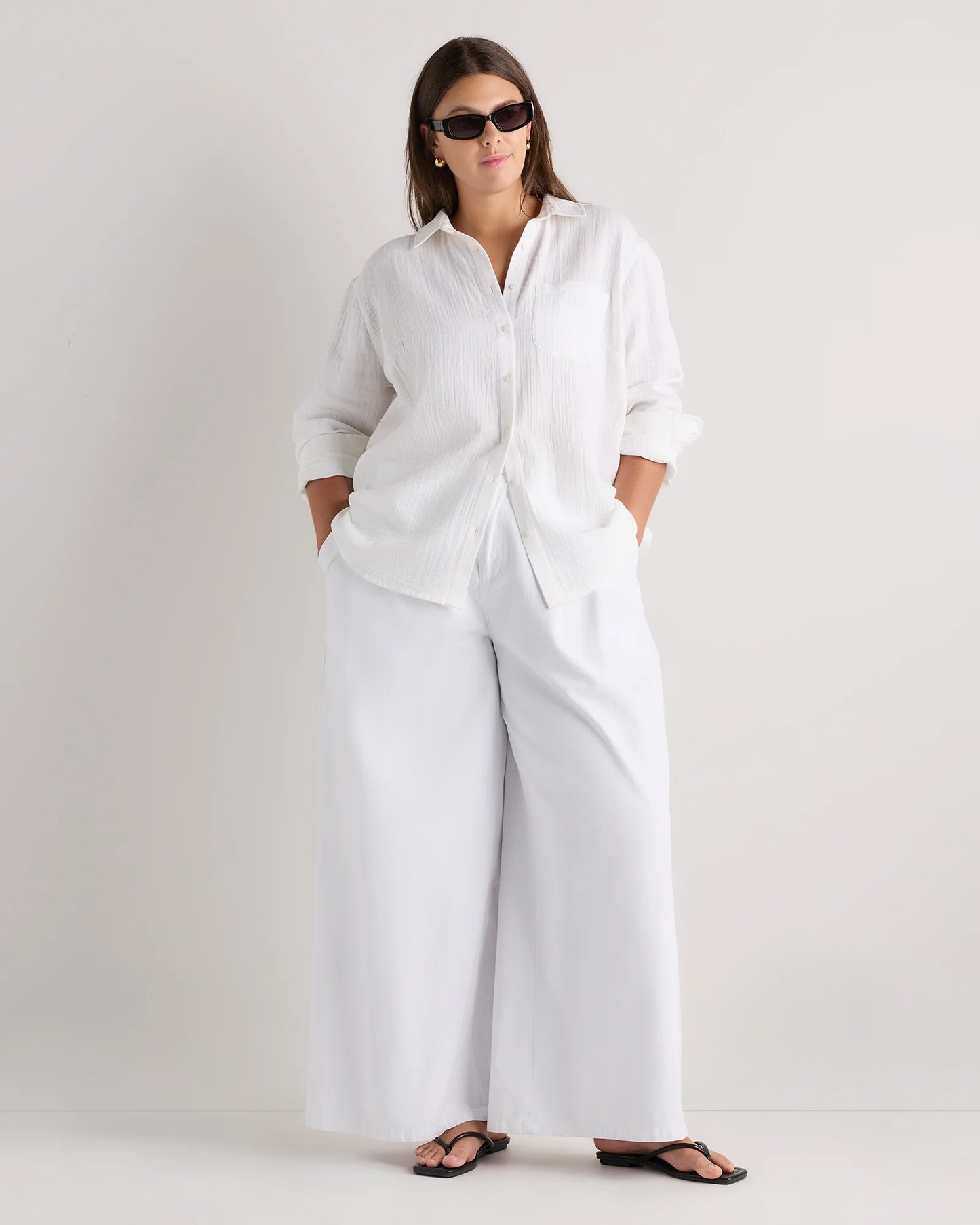 100% Organic Cotton Gauze Long Sleeve Shirt - 1X / White