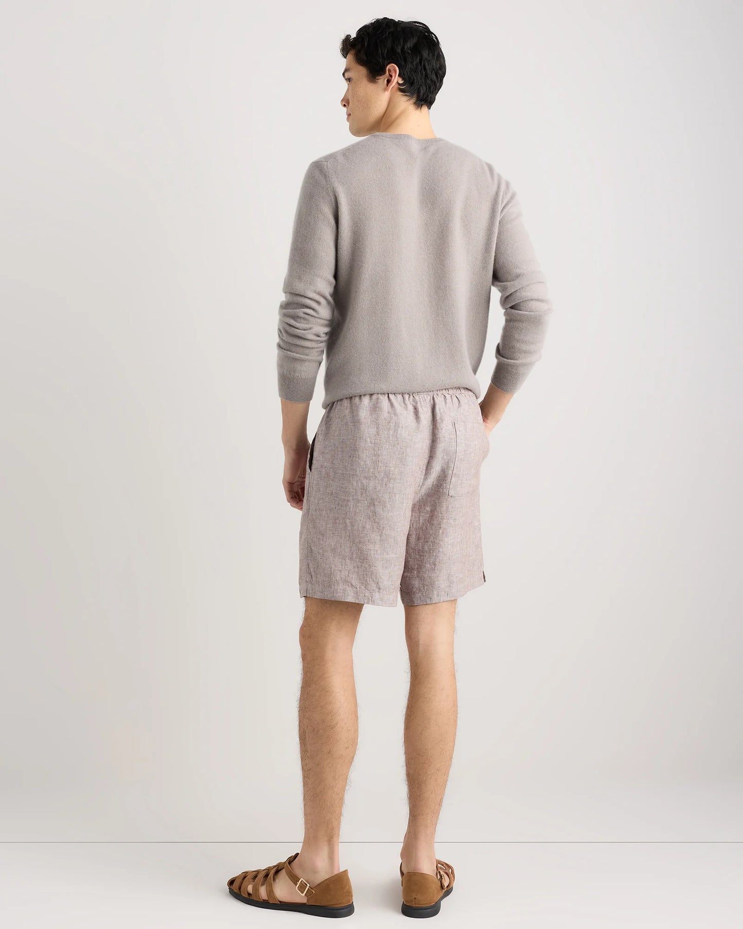 100% European Linen Drawstring Beach Shorts - 7" - XS / Taupe Brown Chambray