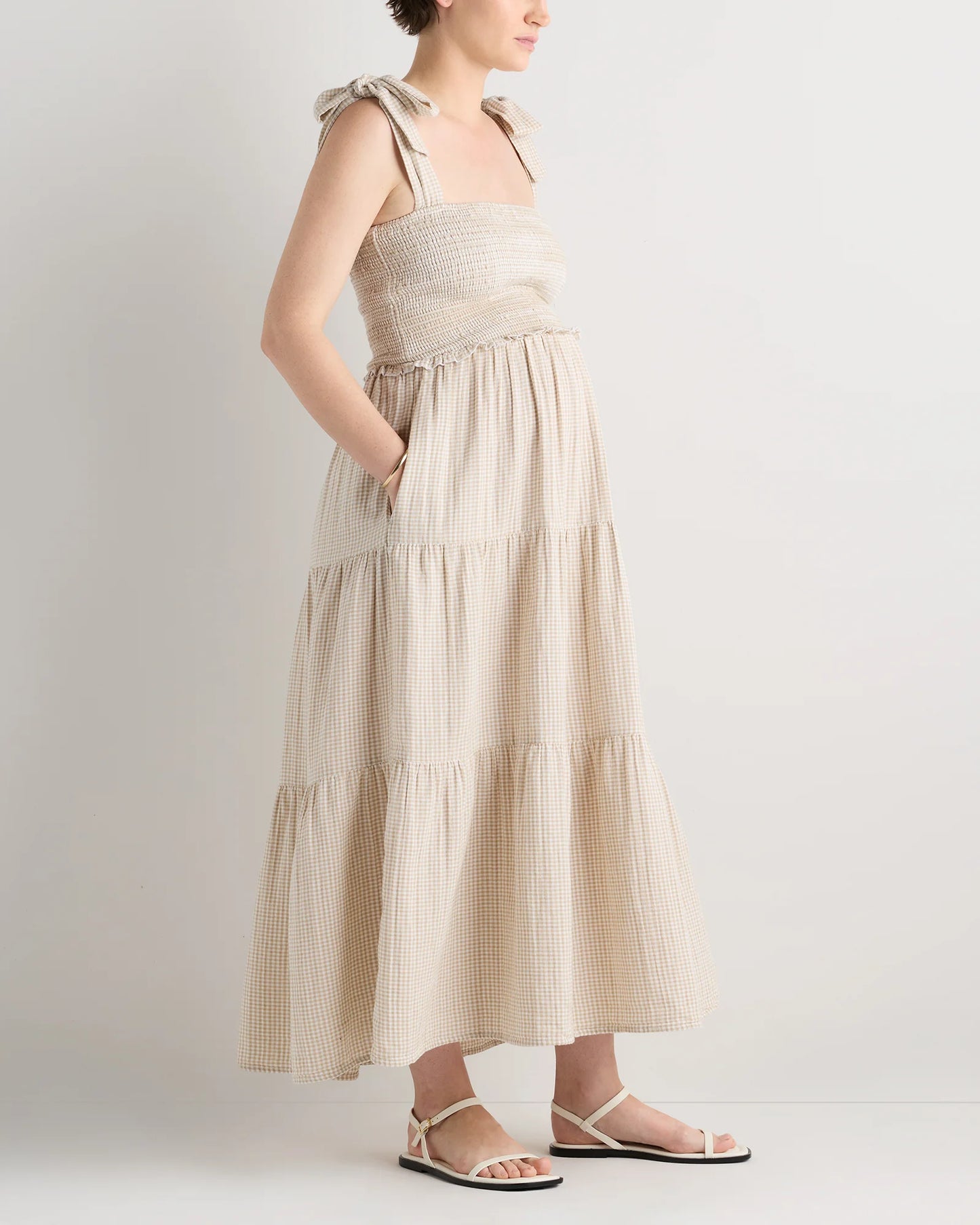 100% Organic Cotton Gauze Smocked Sleeveless Midi Dress - XS / Khaki Gingham
