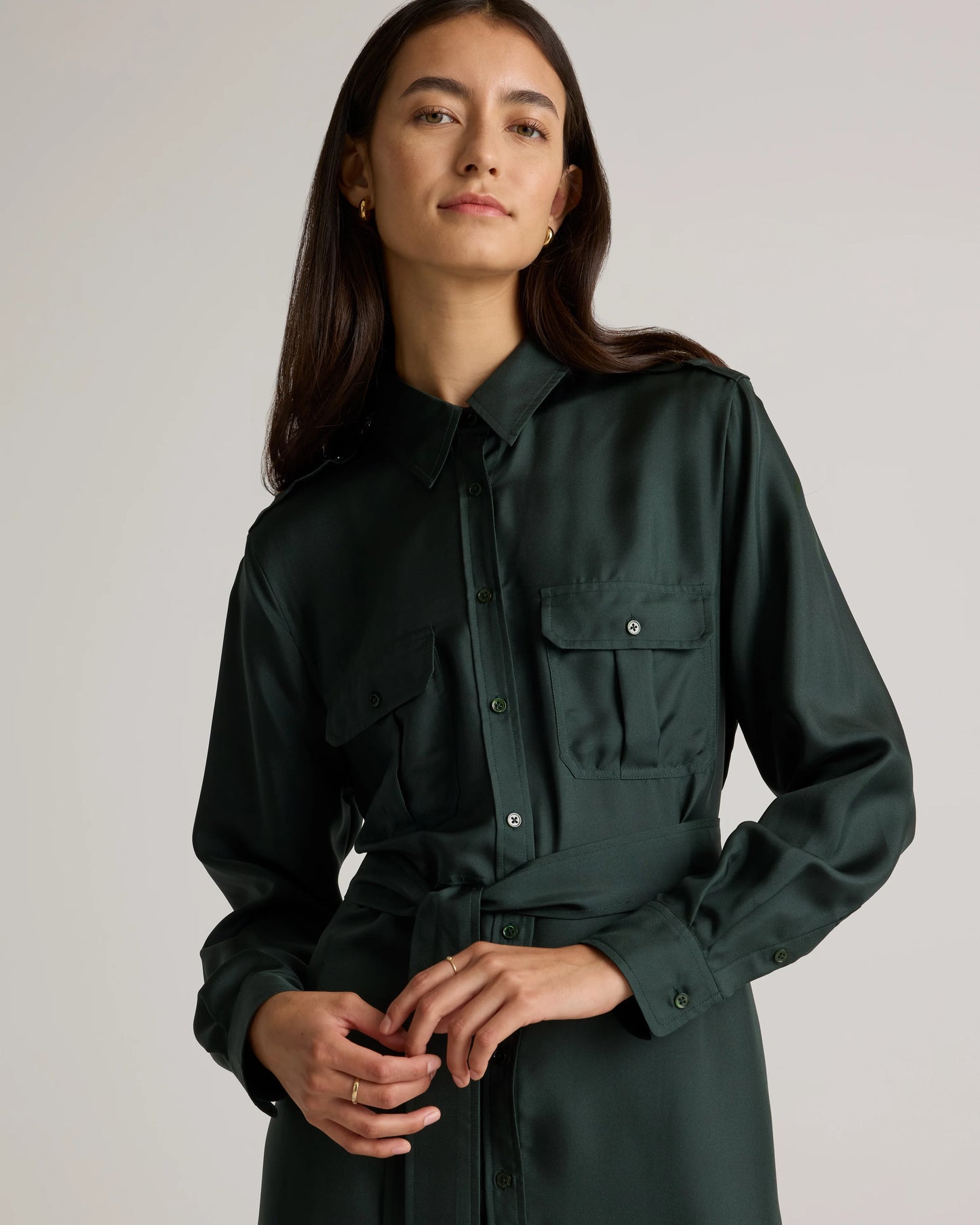 100% Silk Twill Utility Shirt Dress - XS / Hot Fudge