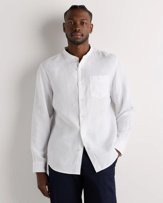 100% European Linen Relaxed Band Collar Shirt - S / White