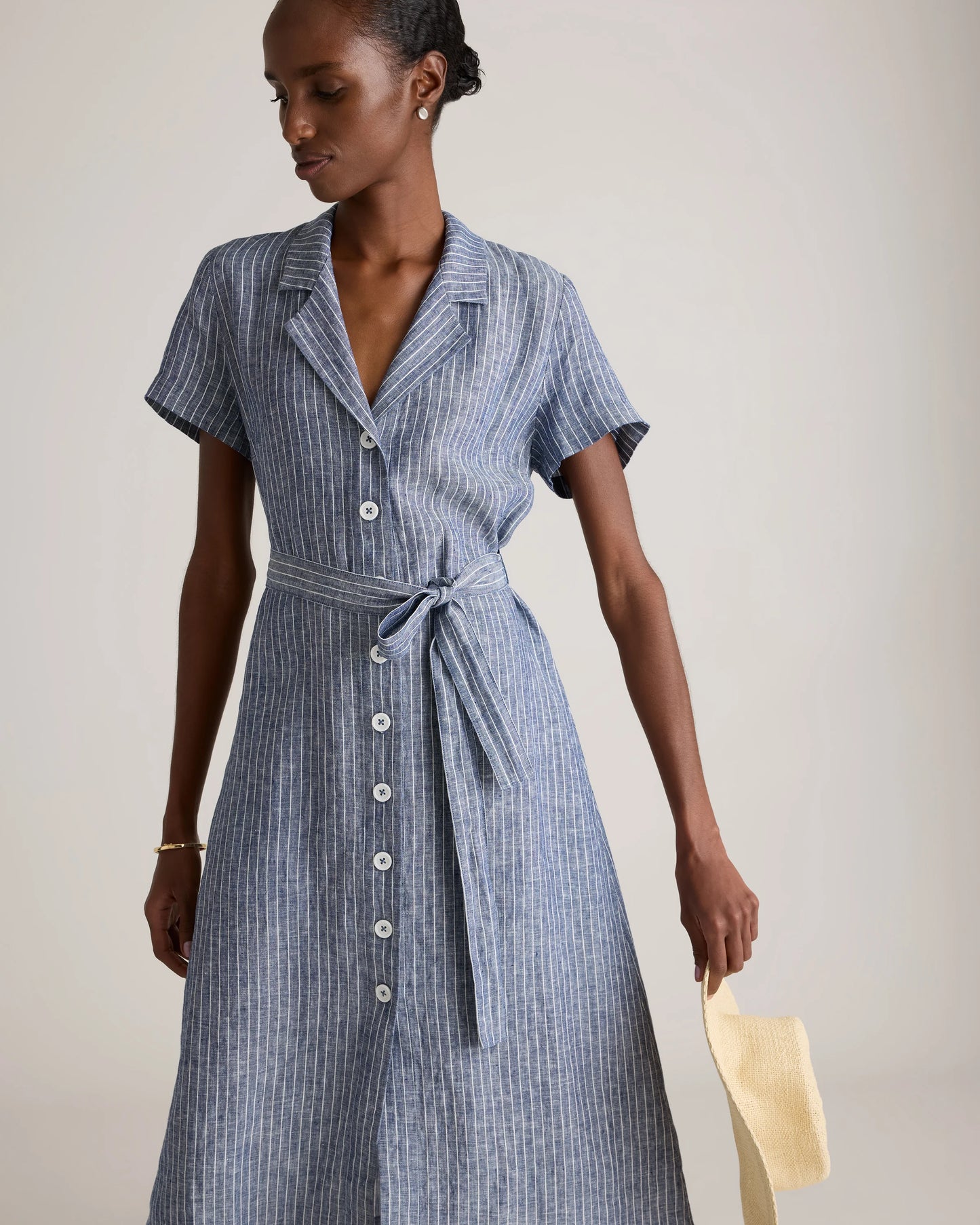 100% European Linen Button Front Dress - XS / Sky Blue Mariner Stripe