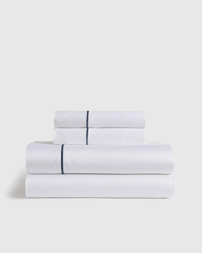 Signature Giza Cotton Sateen Embroidered Sheet Set - Twin / White/Dried Sage