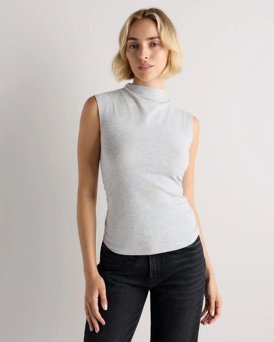 Stretch Cotton Jersey Sleeveless Mock Neck Top - XS / Heather Grey