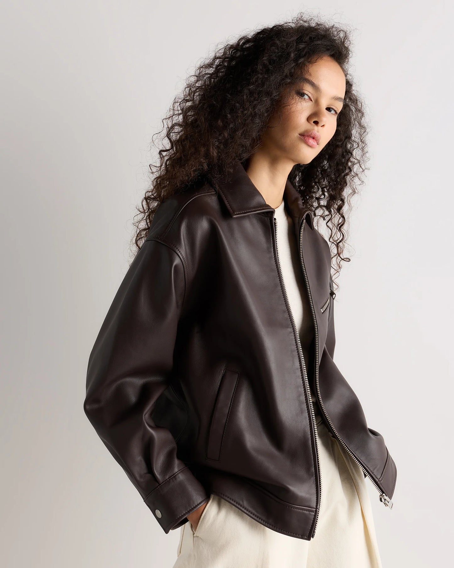 100% Leather Oversized Bomber Jacket - XS / Rich Brown