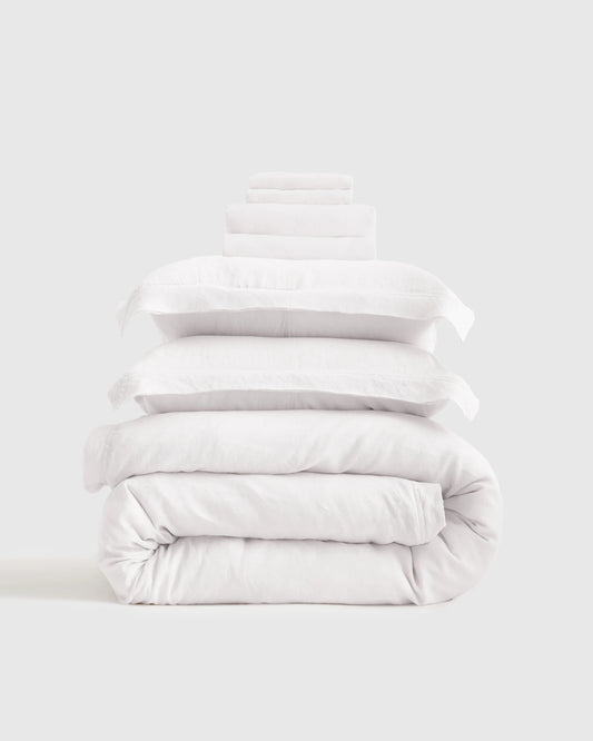 European Linen Double Flange Deluxe Bedding Bundle - Twin / White