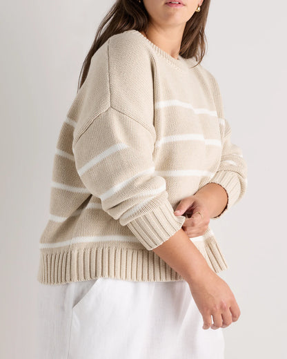 100% Organic Cotton Striped Crew Sweater - 1X / Speckled Beige/Ivory