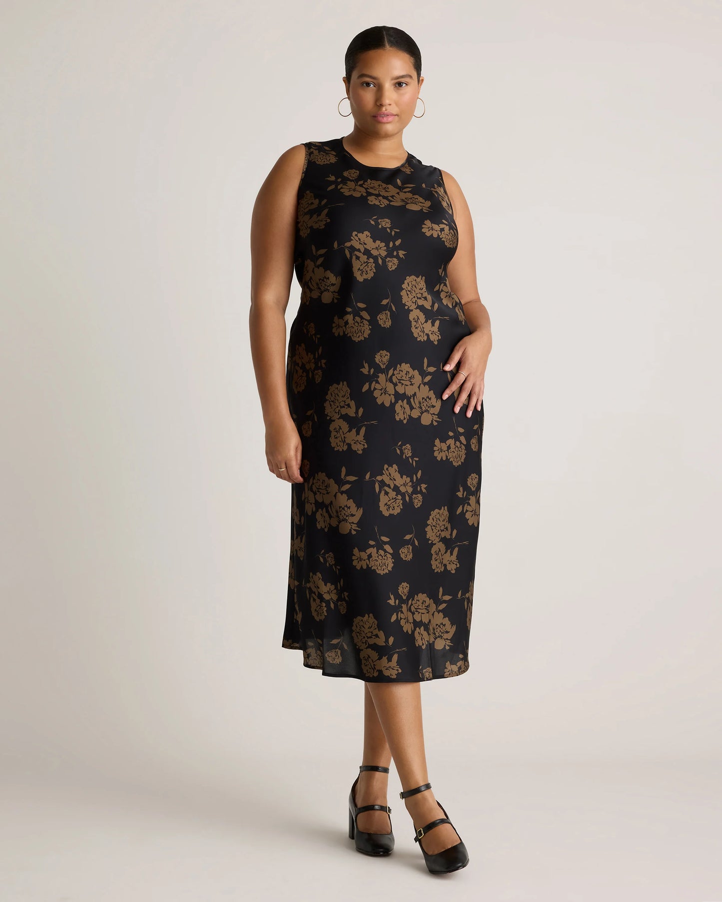 Washable Stretch Silk Tank Midi Dress - XS / Cordovan Red Hibiscus