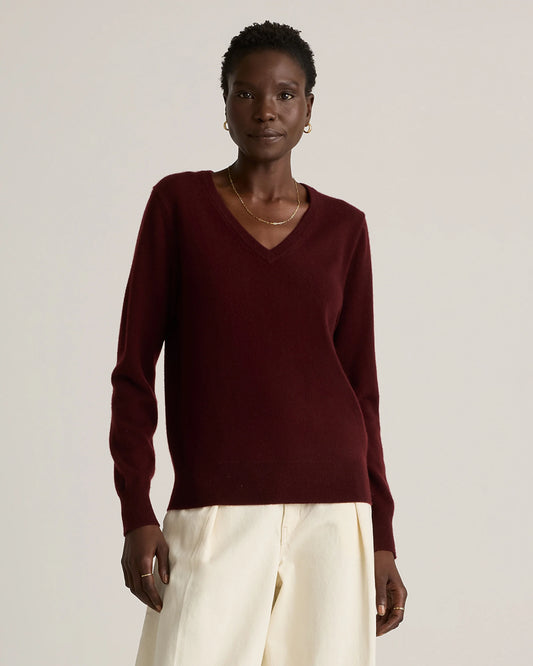 Mongolian Cashmere V-Neck Sweater - XS / Rich Burgundy