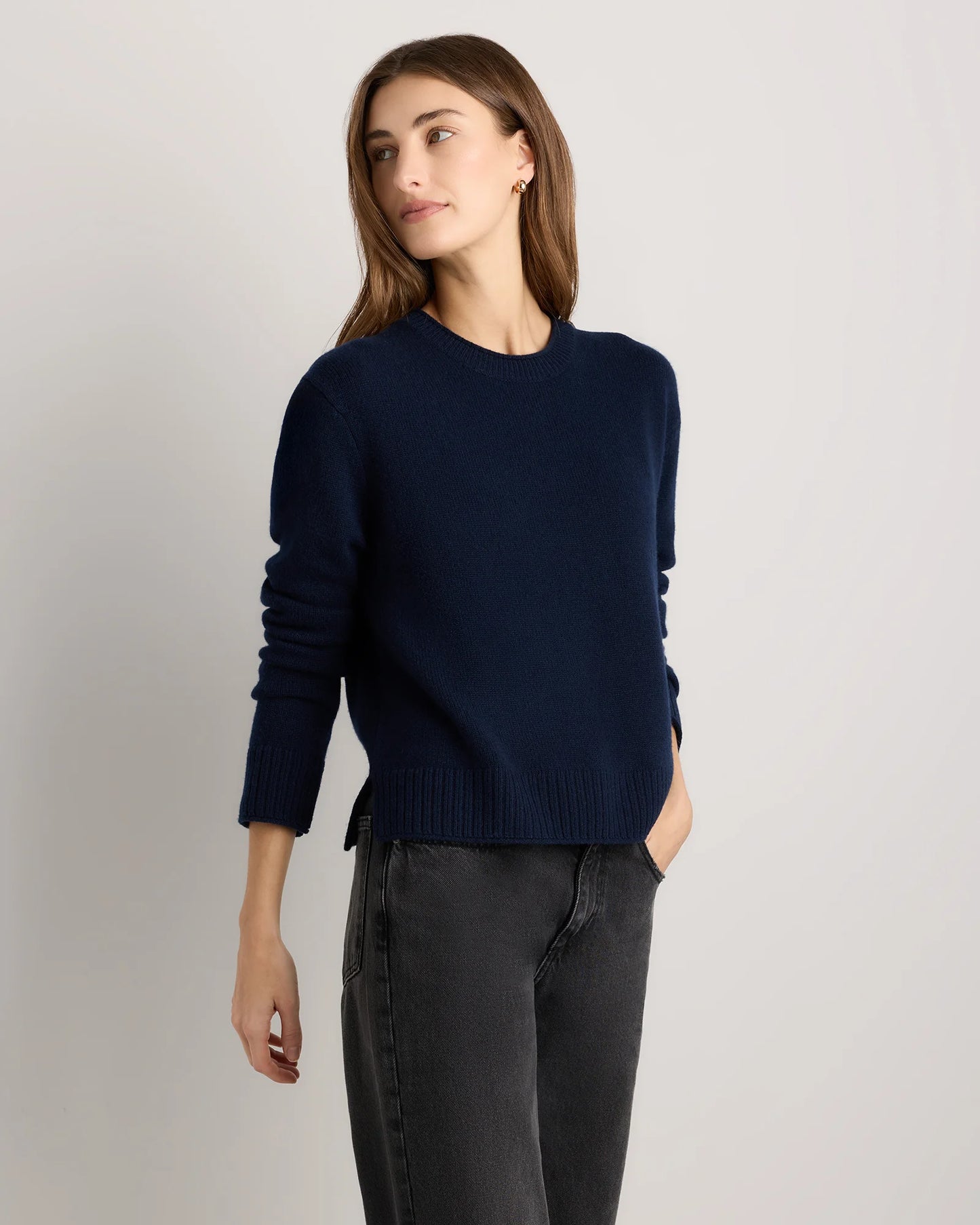 Mongolian Cashmere Boxy Crewneck Sweater - XS / Faded Denim/Brown/Ivory Variegated Stripe