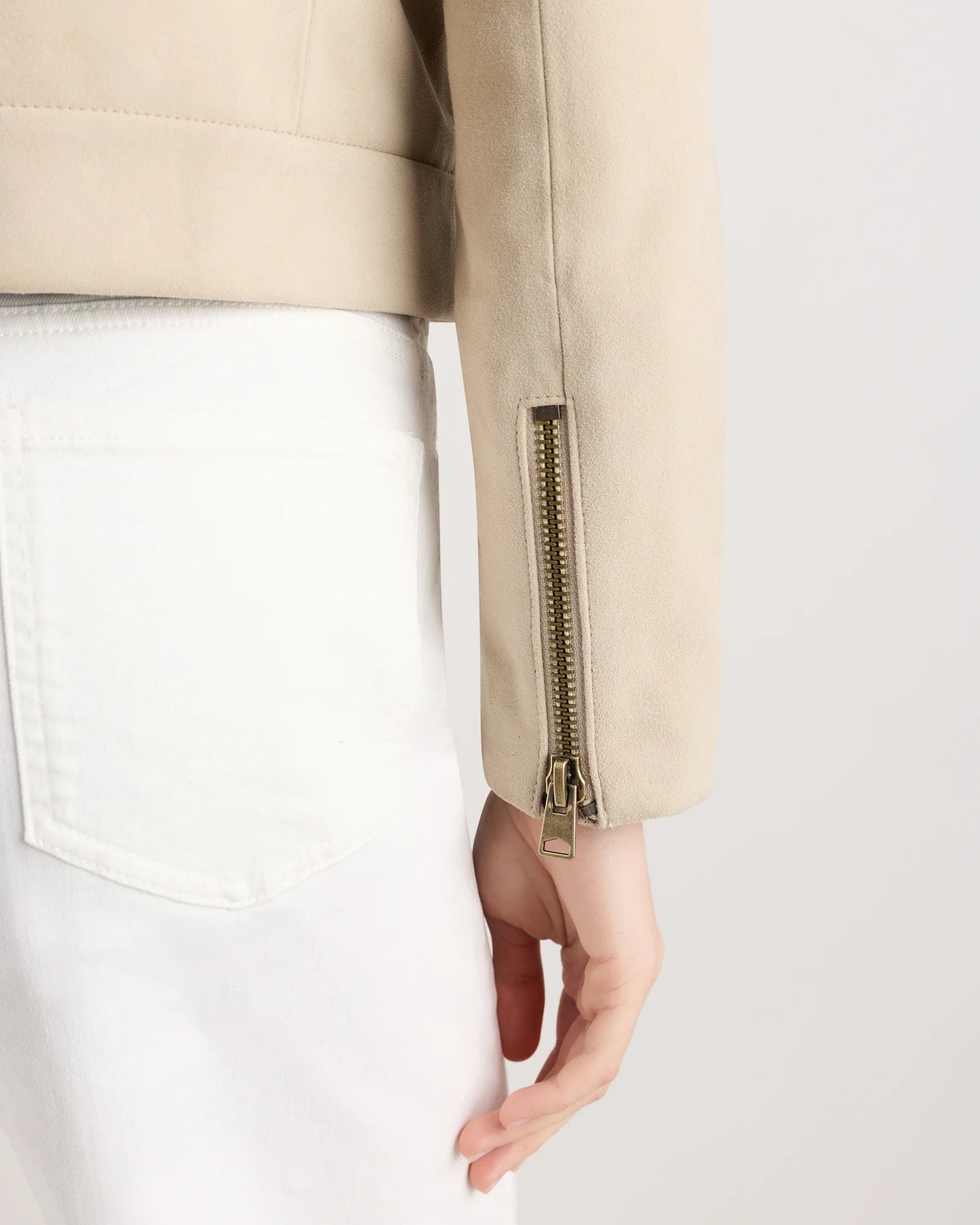 100% Suede Cropped Zip-Front Jacket - XS / Light Sand Beige