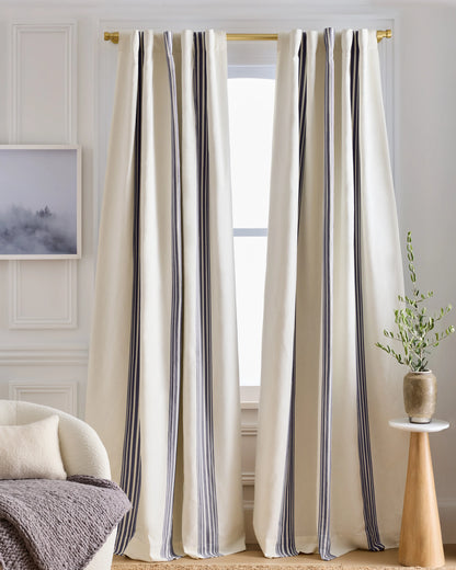 Coastal Stripe Linen Cotton Room Darkening Curtain - Single Panel - 48x84 / Ivory/Sage Green