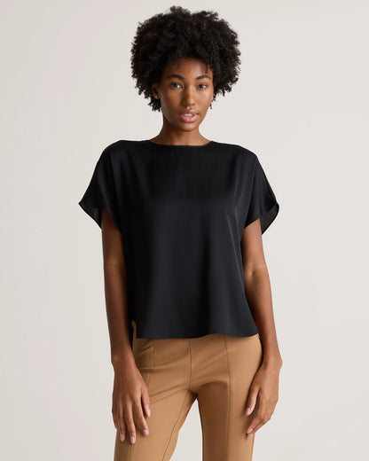 Washable Stretch Silk Split Hem Tee - XS / Ivory