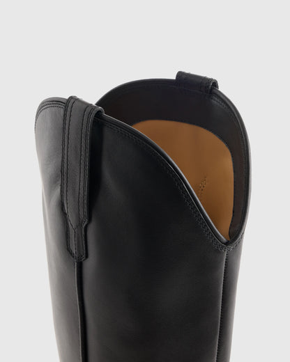 Italian Leather Tall Western Boots - 5 / Black
