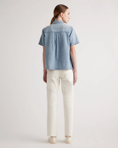 Distressed Denim Short Sleeve Shirt - XS / Light Chambray