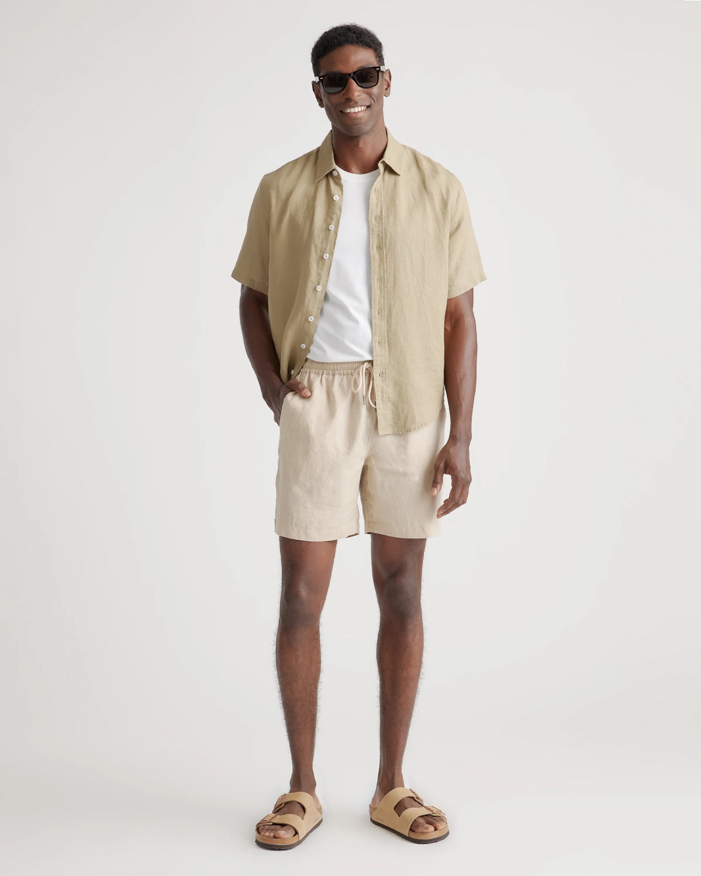 100% European Linen Drawstring Beach Shorts - 7" - XS / Taupe Brown Chambray