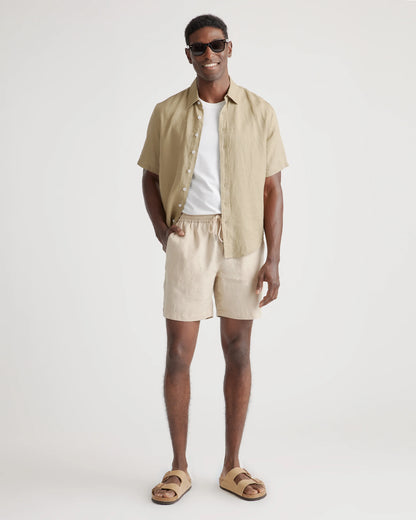 100% European Linen Drawstring Beach Shorts - 7" - XS / Taupe Brown Chambray