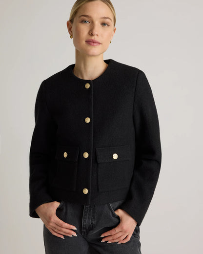 100% Merino Wool Collarless Cropped Jacket - XS / Heather Bone