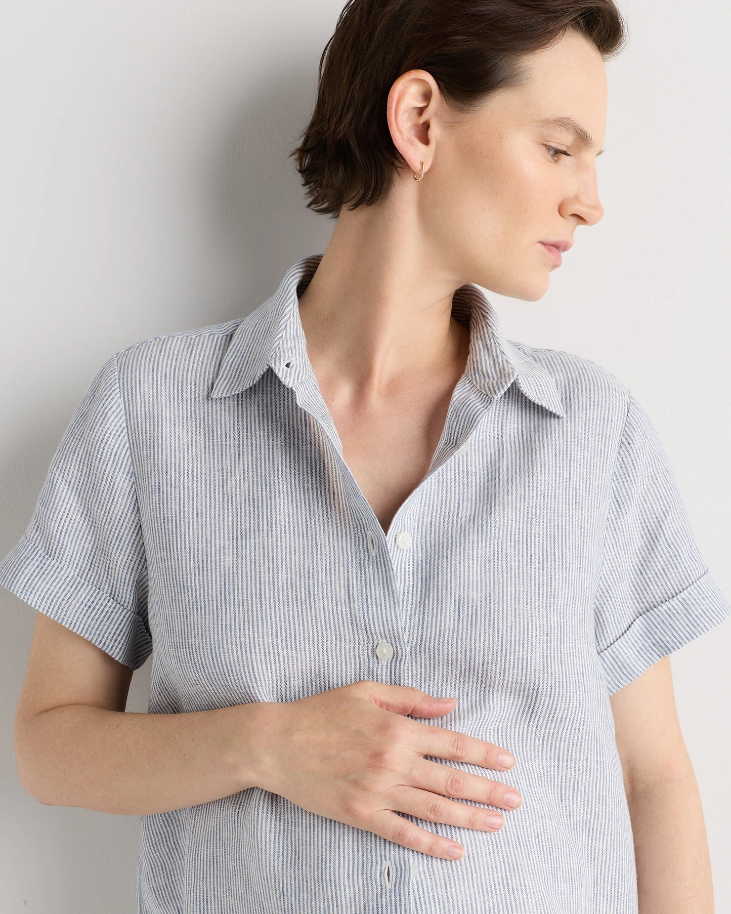 100% European Linen Maternity Camp Shirt - XS / Blue Pinstripe