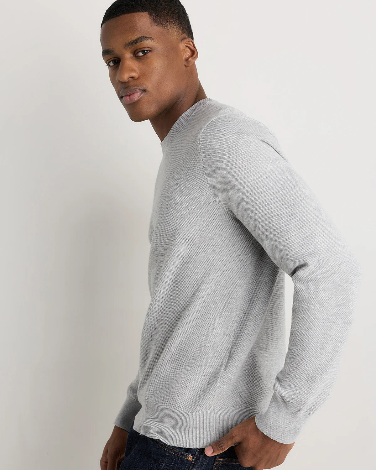 100% Organic Cotton Pique Crewneck Sweater - S / Moonstone Blue