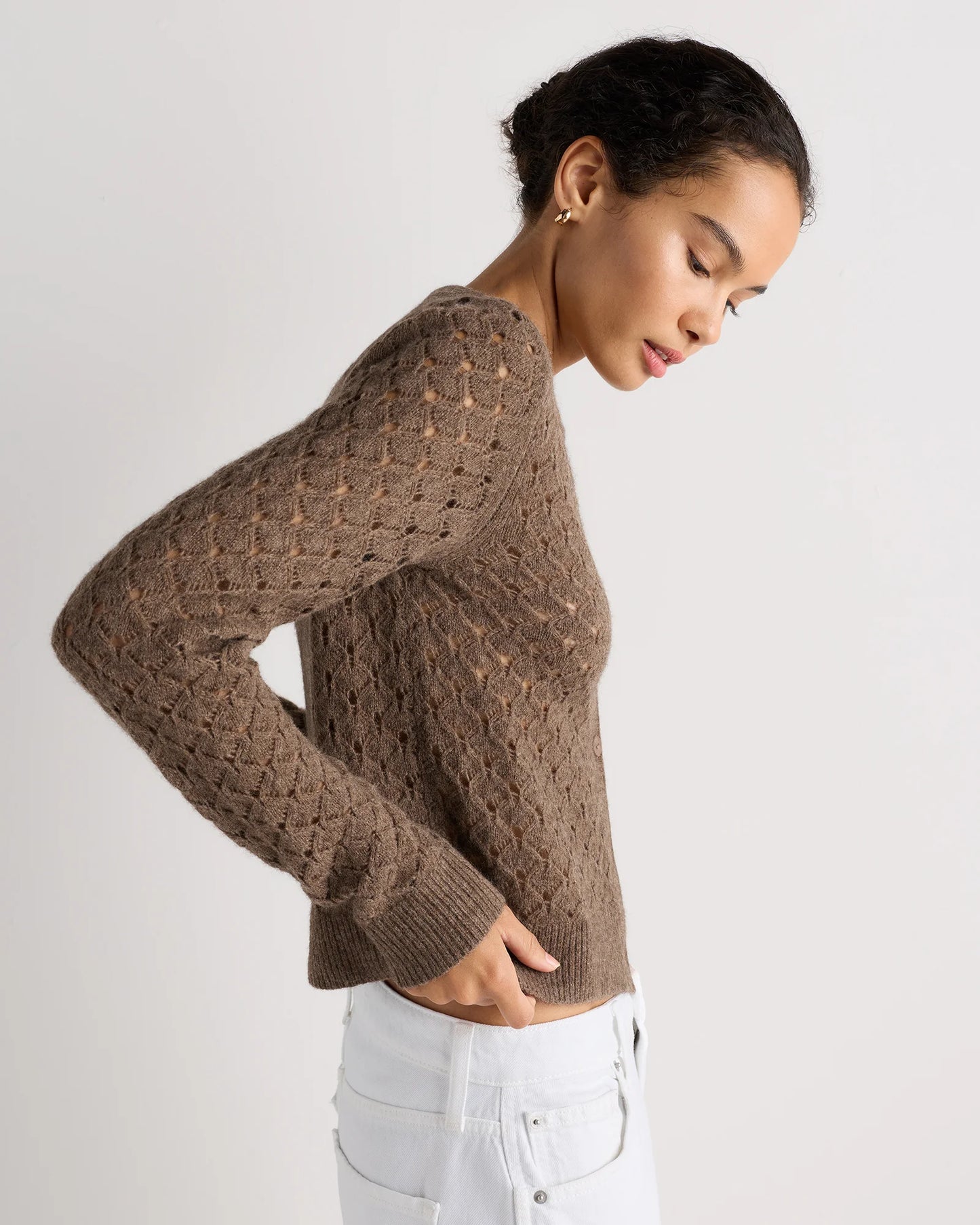 100% Yak Wool Pointelle Detail Cardigan - XS / Heather Brown