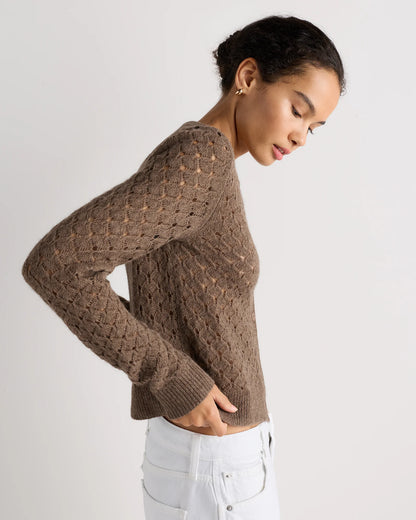 100% Yak Wool Pointelle Detail Cardigan - XS / Heather Brown