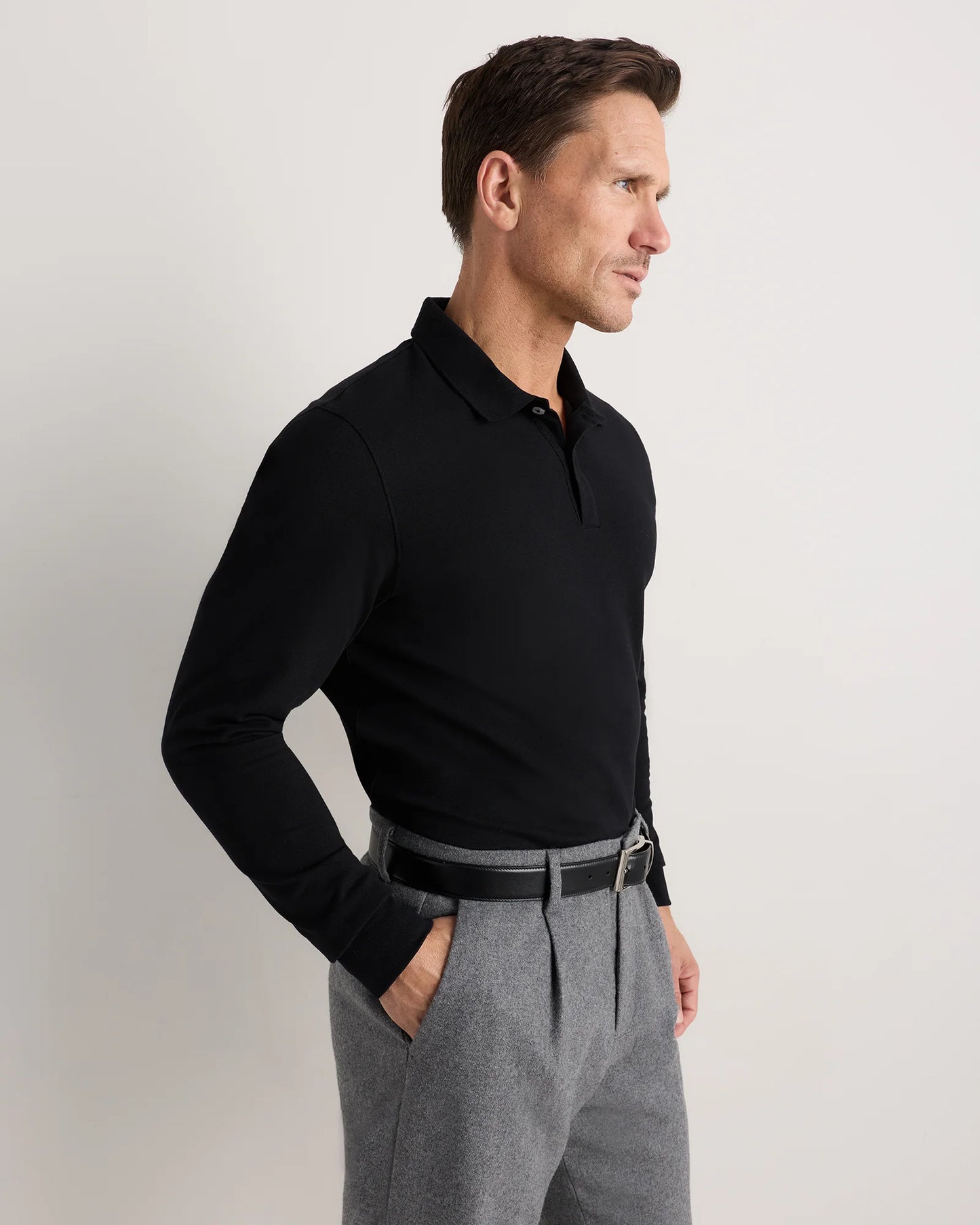 Organic Cotton Long Sleeve Pique Polo - S / Black