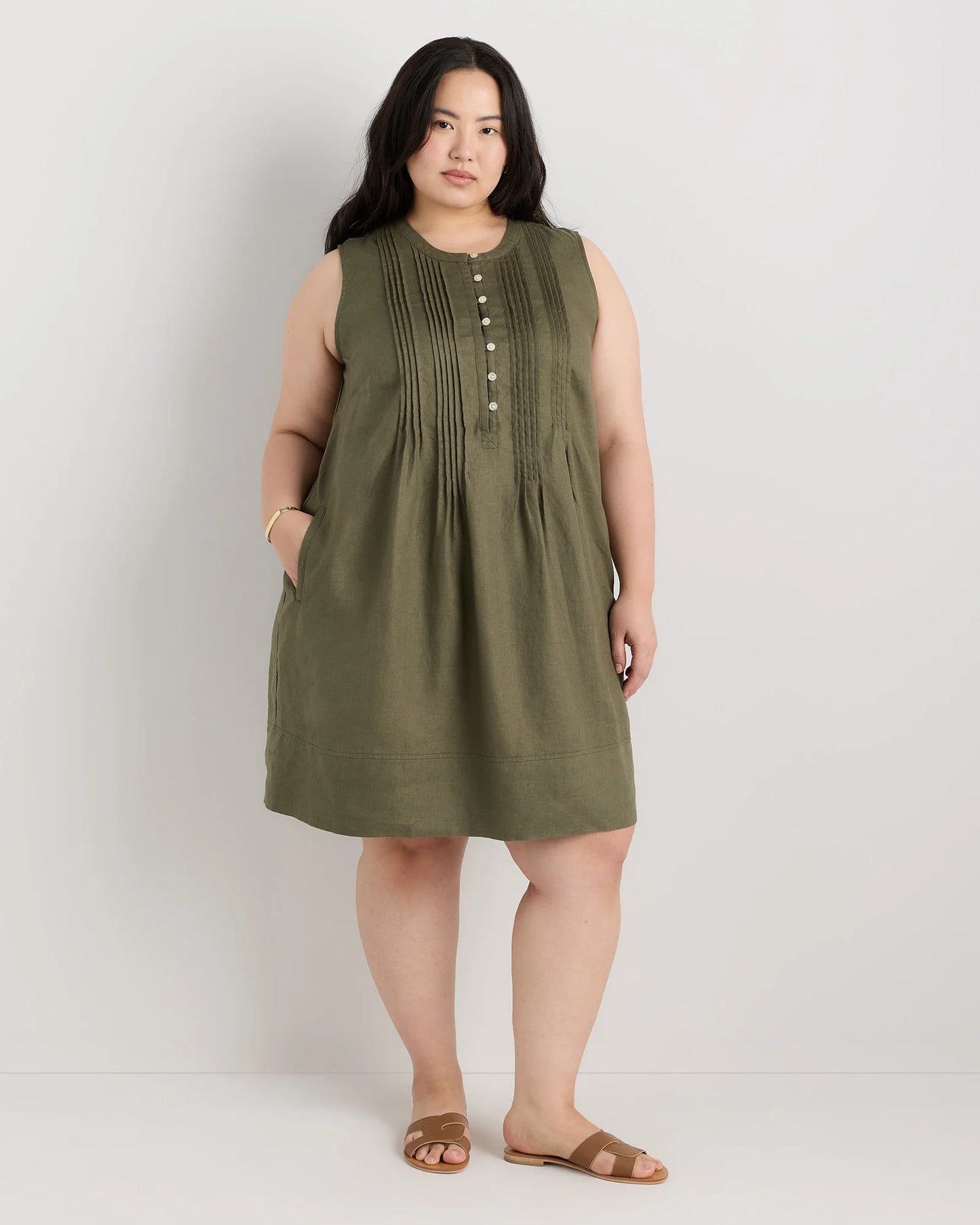 100% European Linen Sleeveless Swing Dress - 1X / Bayberry Olive