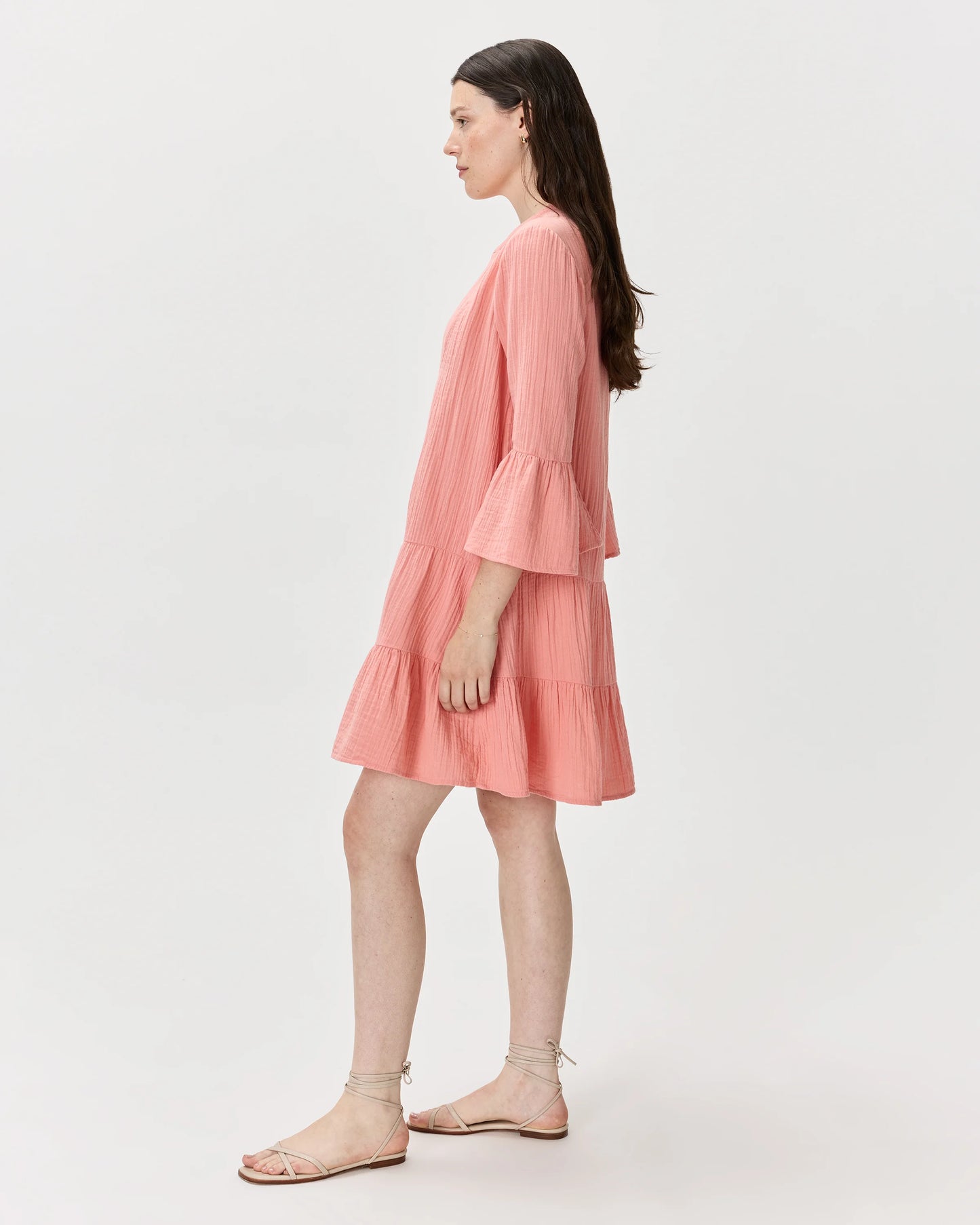 100% Organic Cotton Gauze Long Sleeve Tiered Mini Dress - XS / Amaranth Pink