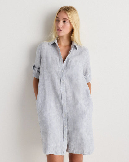 100% European Linen Shirt Dress - XS / Sky Blue Mariner Stripe