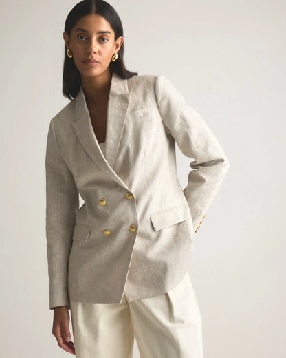 100% European Linen Relaxed Double-Breasted Blazer - XS / Blue Pinstripe