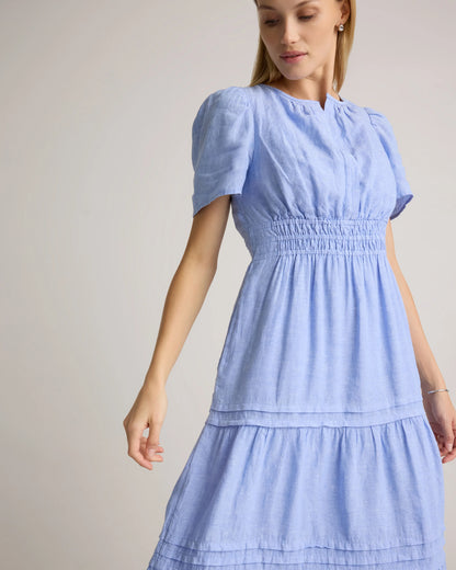 100% European Linen Tiered Maxi Dress - XS / Ivory Porcelain Blue Petite Floral