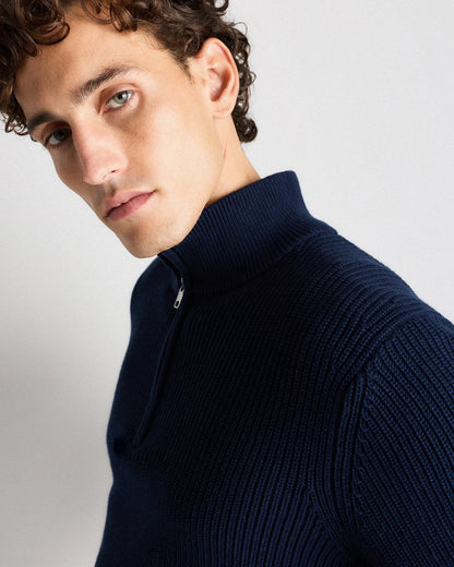 100% Organic Cotton Ribbed Quarter-Zip Sweater - S / Navy