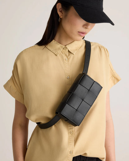 Italian Leather Handwoven Box Belt Bag - One Size / Black