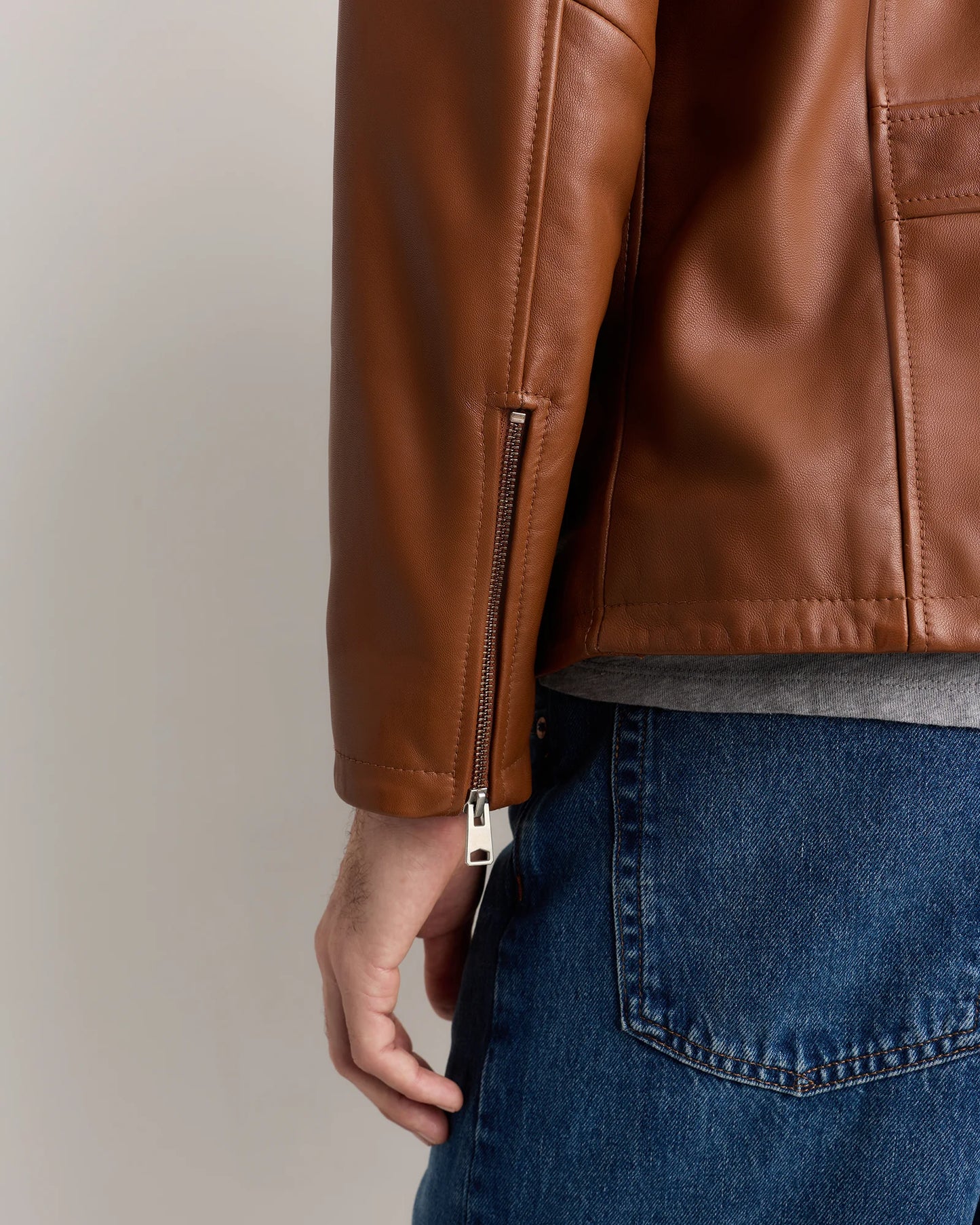 100% Washed Leather Moto Jacket - S / Dark Cognac Brown