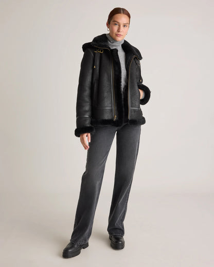 100% Shearling Cold Weather Bomber Jacket - XS / Black