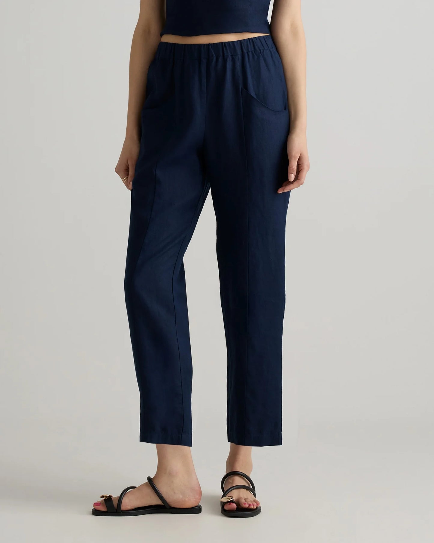 100% European Linen Tapered Ankle Pants - XS / Blue Pinstripe