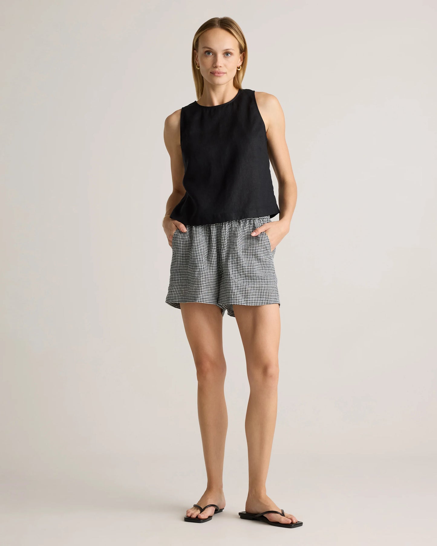 100% European Linen Cropped Tank - XS / Taupe Brown Gingham