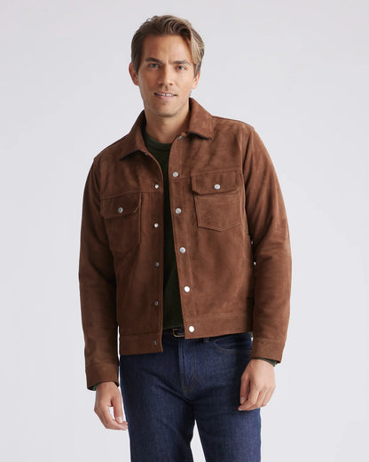 Italian Suede Trucker Jacket - S / Dark Chestnut