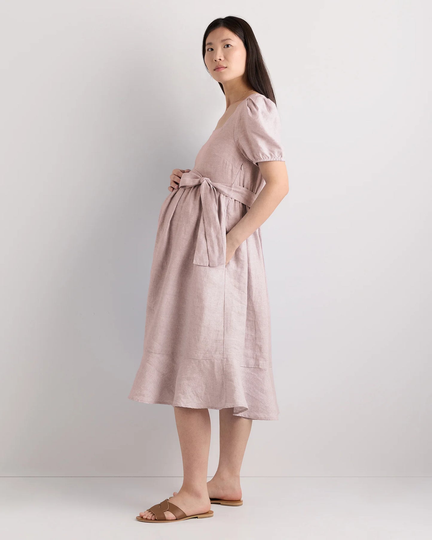 100% European Linen Maternity Short Sleeve Midi Dress - XS / Ivory Porcelain Blue Petite Floral